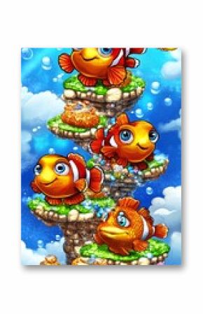 Four cute clownfish cartoon characters on a rock pile in the ocean.