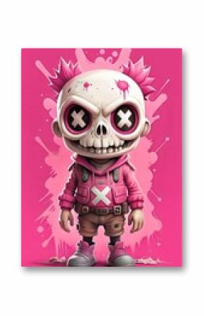 Stylized cartoon skeleton character in vibrant pink attire with graffiti-like backdrop showcasing rebellious urban art. Generative AI