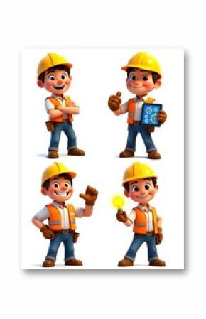 Cute cartoon construction workers in various poses "Cute cartoon of a smiling construction worker wearing a yellow hard hat, white shirt and orange safety vest, standing confidently with his arms cros
