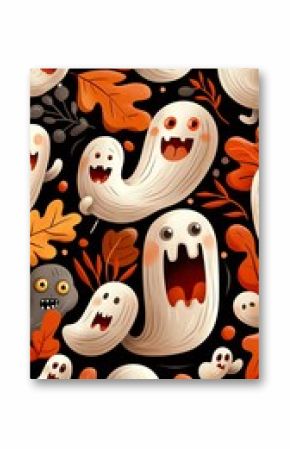 Colorful cartoon ghosts and autumn leaves pattern on a dark background.