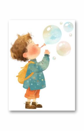 PNG A cute boy blowing bubbles art illustration children's.