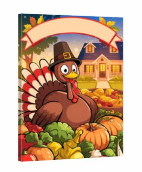 Festive Thanksgiving cartoon illustration of a turkey wearing a pilgrim hat,harvest of vegetables and a cozy, well-lit house in the background, banner with space for text