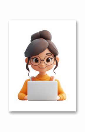 3D icon stylish smiling woman with glasses and laptop, online learning avatar cartoon hipster character, people close up portrait on isolated on transparent png background