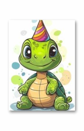 A cheerful cartoon turtle wearing a party hat, celebrating with a playful expression.