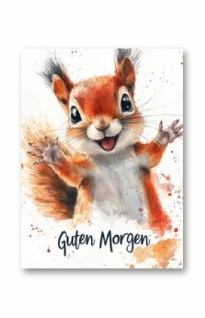 Cute watercolor cartoon illustration of a happy, smiling squirrel with big eyes, arms and legs outstretched