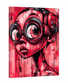 a digital illustration of a person with large eyes wearing goggles. The illustration is in a cartoon style and is mostly in shades of pink and red. The background is a blurry, abstract design with wha