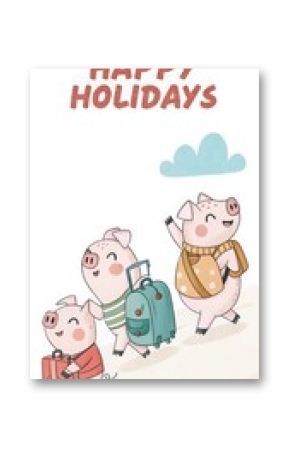 cute cartoon pig with happy holidays background
