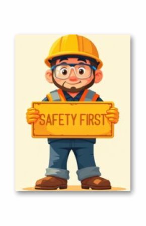 Smiling worker with helmet holding “Safety First” sign, great for educational materials