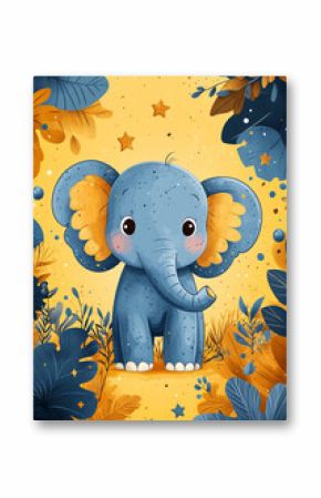 A cartoon elephant is standing in a field of yellow and blue flowers