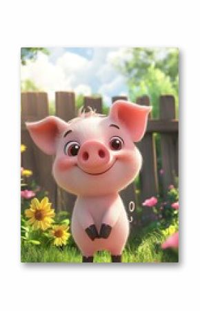 A cheerful cartoon pig stands in a vibrant garden filled with flowers and greenery.