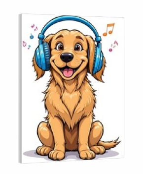 vibrant cartoon illustration of a cheerful golden retriever with oversized, colorful headphones