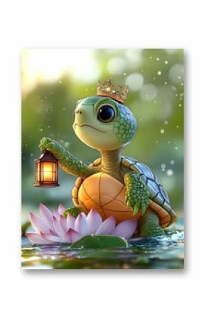 Cute cartoon turtle king with lantern on lotus.
