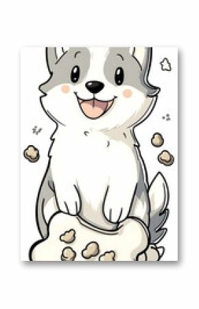 Adorable cartoon puppy sitting with a bone-shaped bowl of treats.