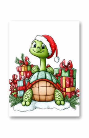 Cute cartoon turtle wearing Santa hat amidst Christmas gifts in snow.
