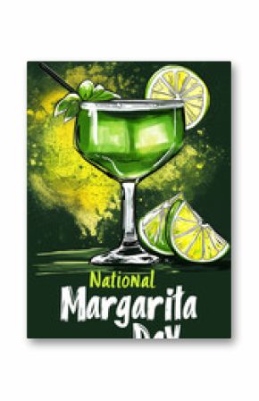 simple lines, flashy green text "National Margarita Day" with logo of margarita cocktail, advertisement poster. Beautiful background for national Margarita day. Happy Margarita day! Background for bar