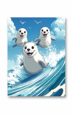 Three cheerful cartoon seals jumping over ocean waves under a bright sky.