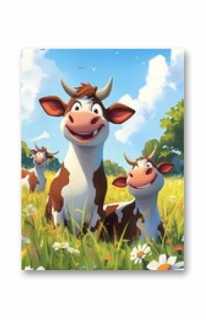 A cheerful scene of cartoon cows in a sunny meadow filled with flowers.