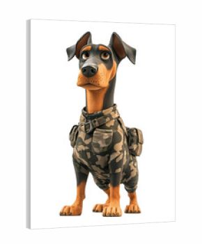 A cartoon dog in camouflage uniform is standing on a transparent background.