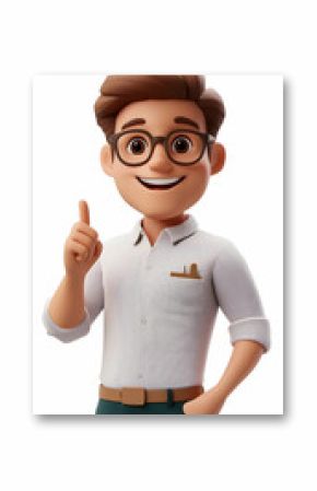 Smiling 3D cartoon office professional pointing to an idea, attention-grabbing pose