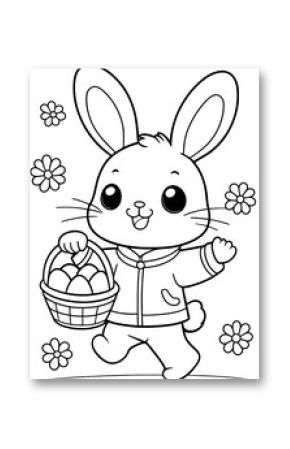 happy bunny with basket of eggs coloring page. ready to print on standard 8.5x11 inch paper
