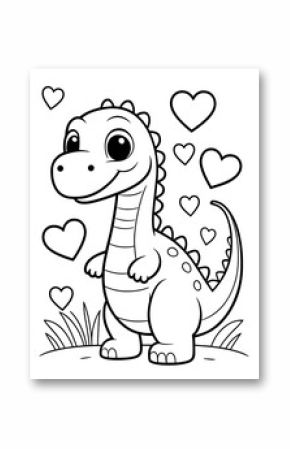 cartoon dinosaur and hearts love theme coloring page. ready to print on standard 8.5x11 inch paper