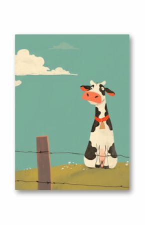 cartoon cow standing by fence in green field under blue sky