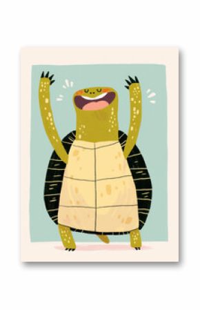 Happy cartoon turtle with arms raised in joy, colorful and playful design