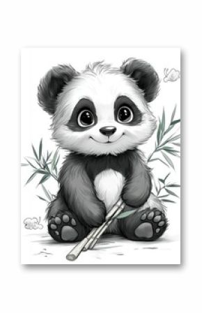 Adorable cartoon panda cub sitting with bamboo.