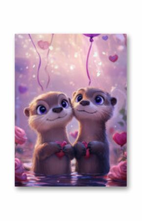 Cute and adorable cartoon Otter couple in love, hugging each other, A Valentine's Day card, love is in the air, dreamy pink atmosphere