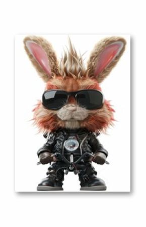 3D Cartoon Biker Bunny in Leather Gear on White Background