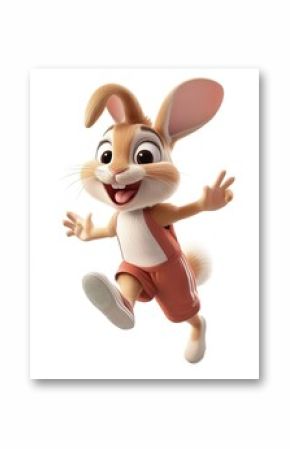 Cheerful mischievous rabbit in sportswear running fast in 3D style on a white isolated background