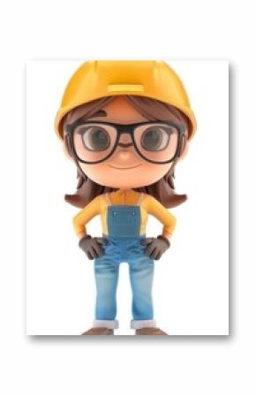 3D Cartoon of a Female Worker with Safety Helmet and Protective Gear on a White Background
