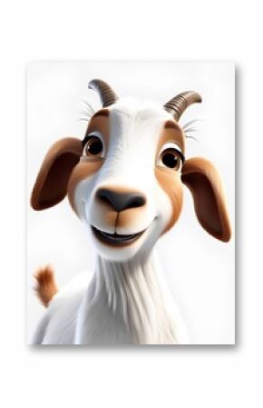 A happy cartoon goat with horns, depicted in a playful and whimsical style. The goat has a friendly expression and is designed with bright colors.
