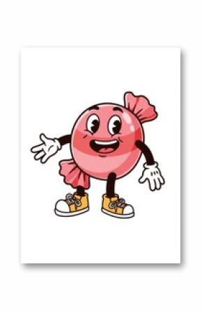 Smiling cartoon candy character with boots and gloves on a white background