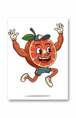Energetic grapefruit cartoon character running with joy
