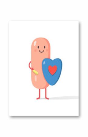 Probiotic illustration, A cheerful cartoon character holding a blue heart-shaped shield with a red heart, symbolizing protection and love.