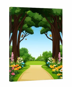 Cartoon background of a magical forest with trees, flowers, and bushes on the sides, a dirt path in the center, in a cartoon style, with colorful, bright colors, vector graphics