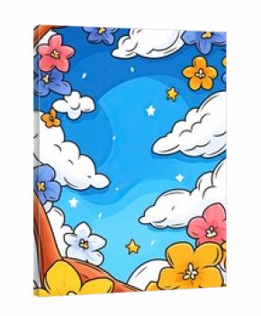 A cartoon illustration of a bright blue sky with white clouds, stars, and colorful flowers.