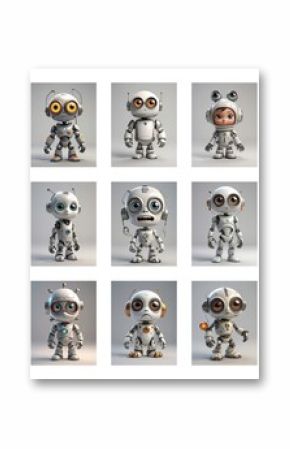 Nine charming cartoon robots with large, expressive eyes, each in unique poses and moods, set against a clean white background.