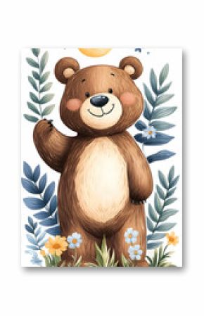 Happy bear waving, moonlit meadow, floral background, children's book illustration