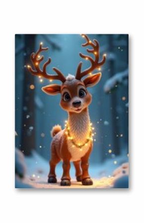 A charming, festive cartoon reindeer adorned with glowing lights in a snowy forest, perfect for holiday-themed projects and cheerful winter content.
