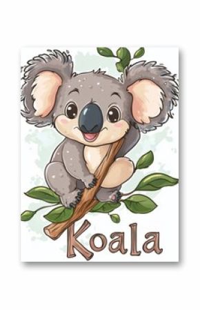 Cute cartoon koala sitting on a branch surrounded by green leaves in a playful pose that captures its adorable nature
