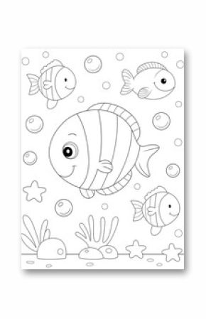 cartoon fish in water coloring page. ready to print on standard 8.5x11 inch paper