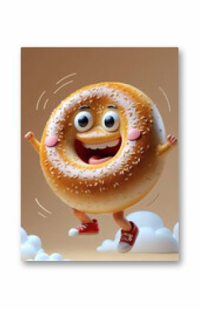 Joyful bagel character bounces through a cheerful cloudscape, radiating happiness and playful energy in a whimsical, illustrated scene.