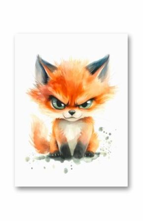 Watercolor cartoon illustration of an angry grumpy red fox isolated on white background.
