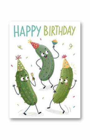 cartoon dancing pickles in party hat , happy birthday greeting card