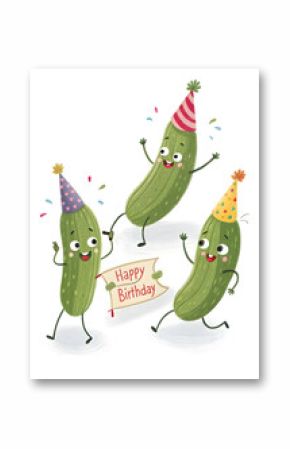 cartoon dancing pickles in party hat , happy birthday greeting card