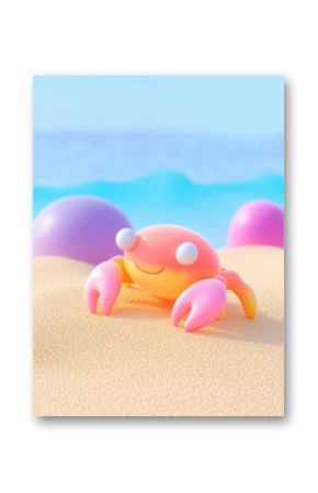 Cute vibrant cartoon crab on sunny beach with colorful waves