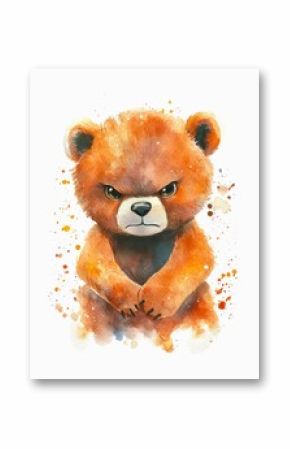 Watercolor cartoon illustration of an angry grumpy baby brown bear isolated on white background.