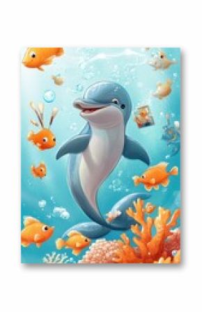 A happy cartoon dolphin swims with friendly colorful fishes around coral